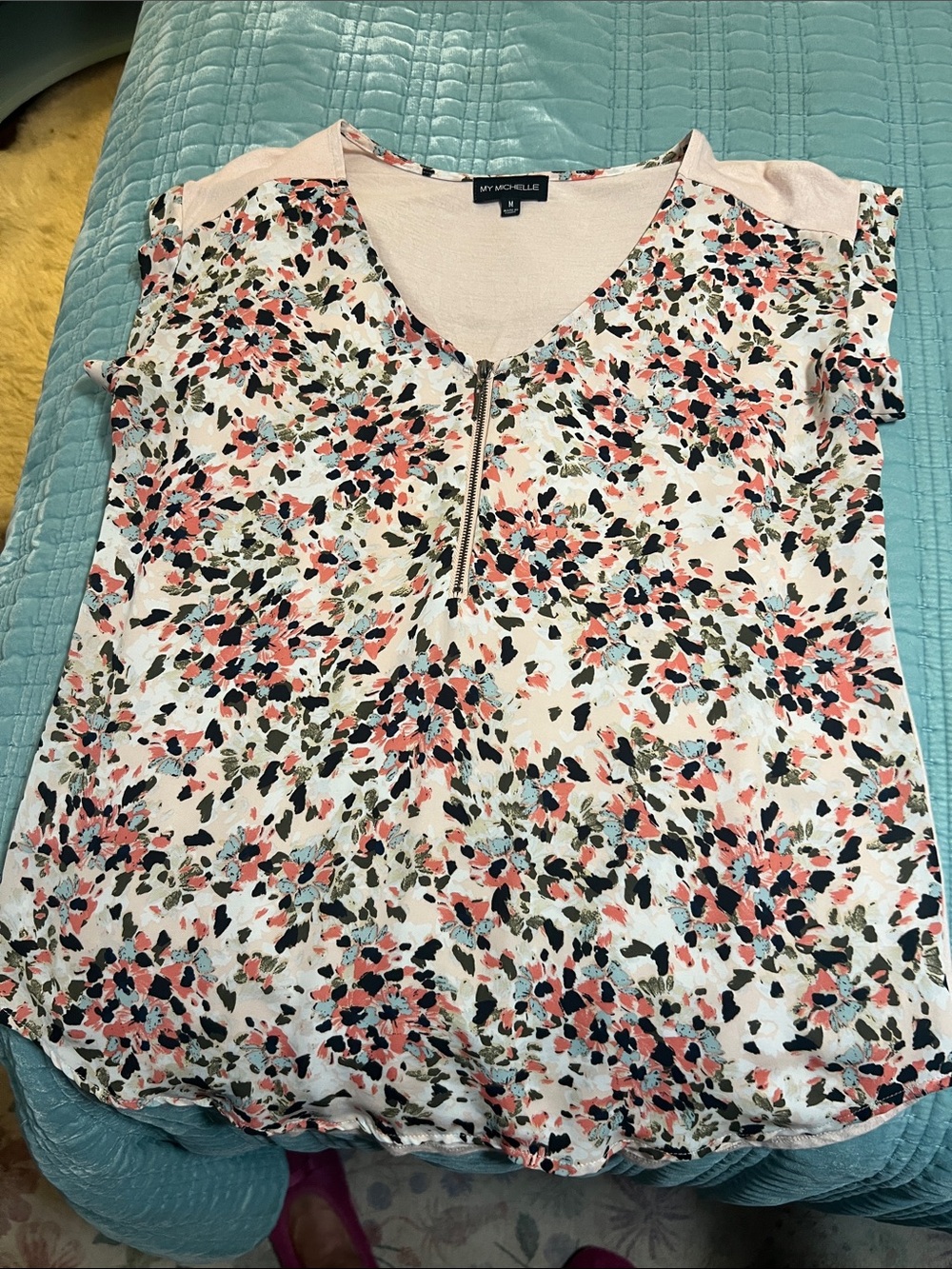 My Michelle Pink Floral Zip-Front Blouse